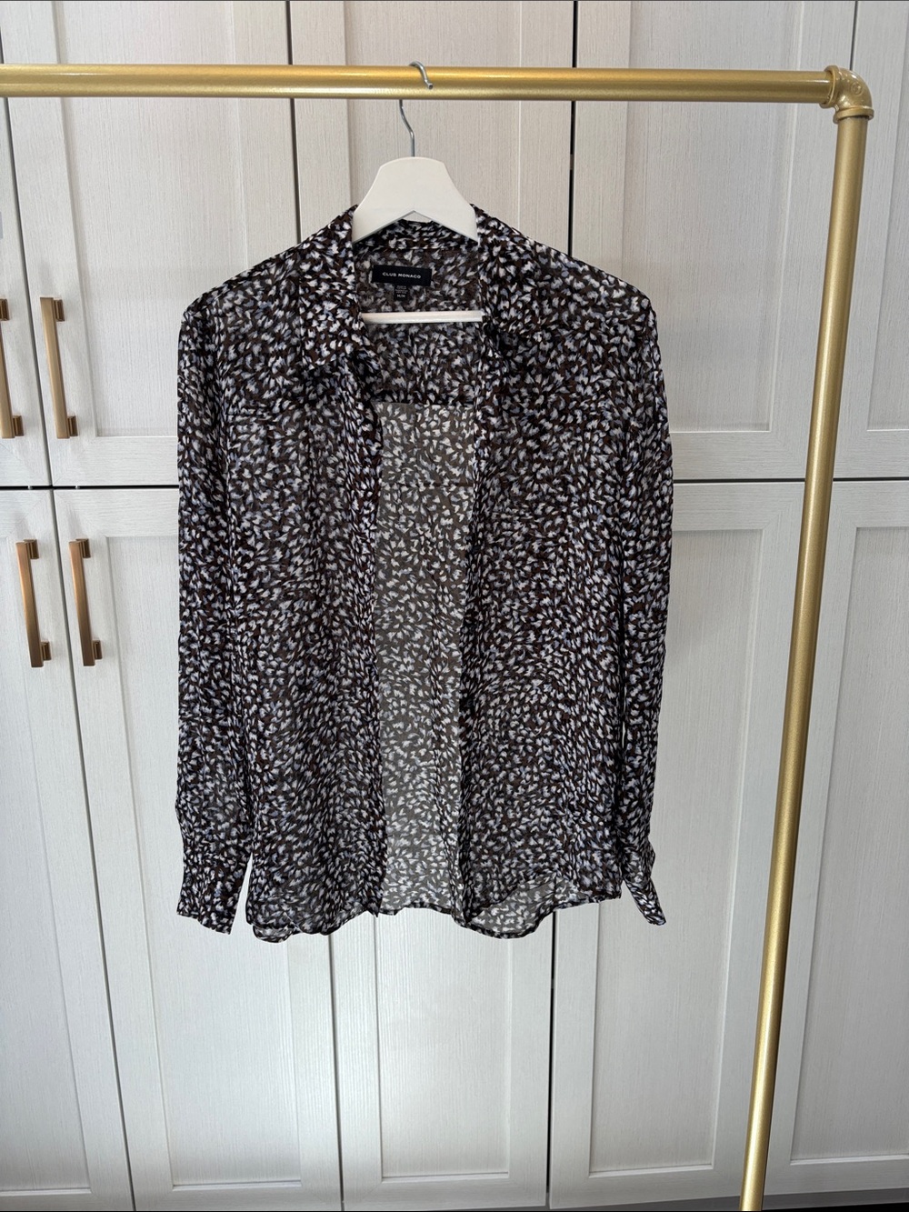 Club Monaco Black and White Sheer Printed Button-Up Blouse